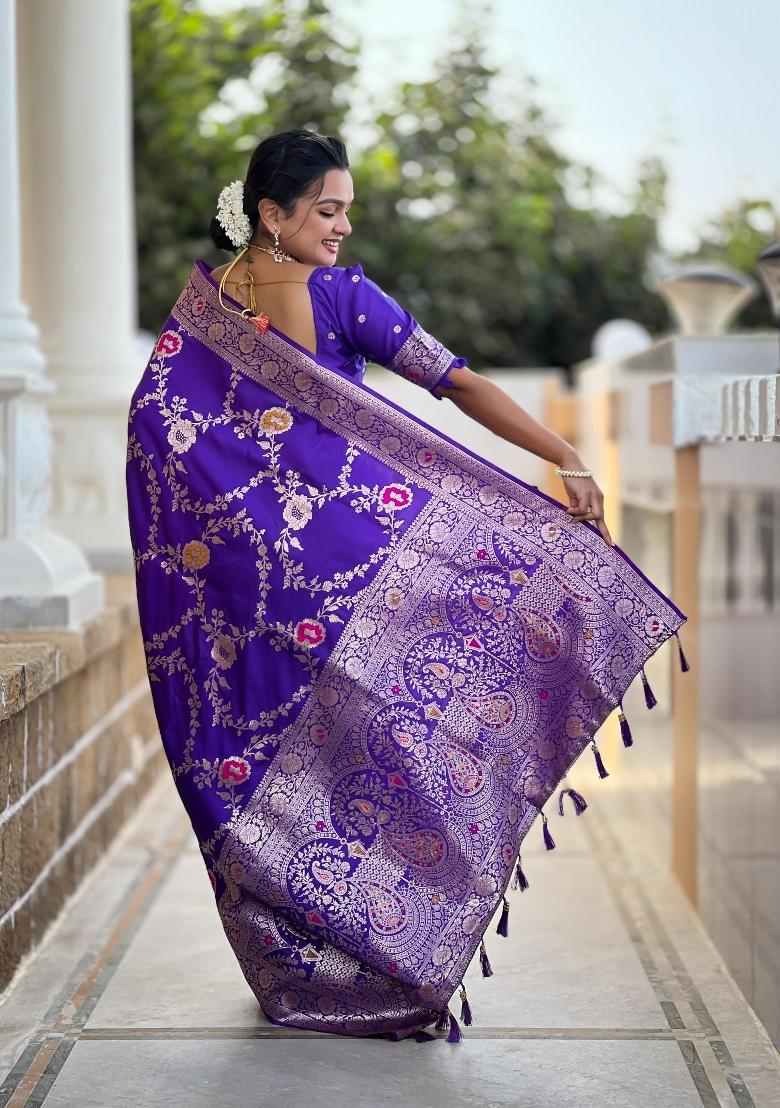 Purple Zari Woven Silk Saree Set - Indya