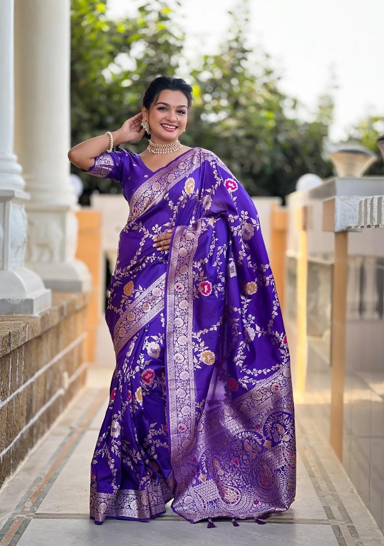 Purple Zari Woven Silk Saree Set - Indya