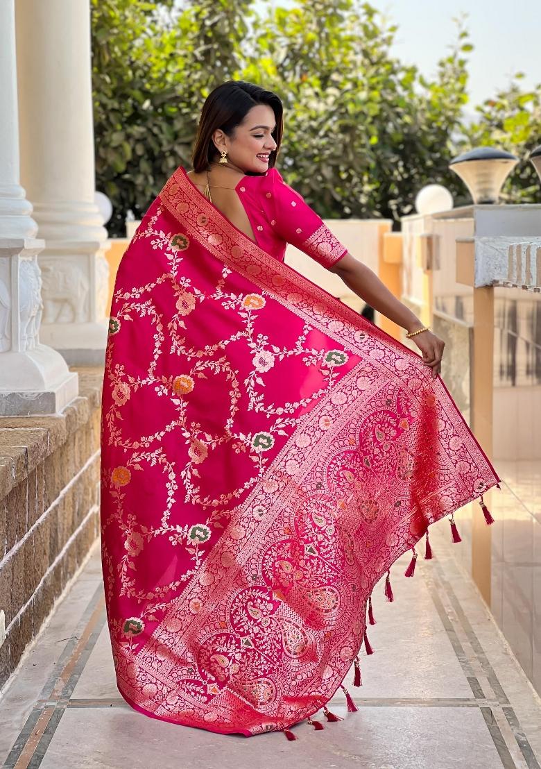 Pink Zari Woven Silk Saree Set - Indya