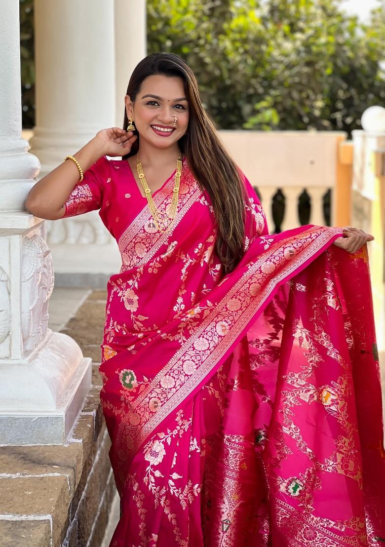 Pink Zari Woven Silk Saree Set - Indya