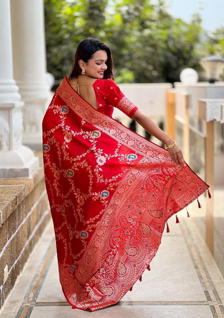 Red Zari Woven Silk Saree Set - Indya