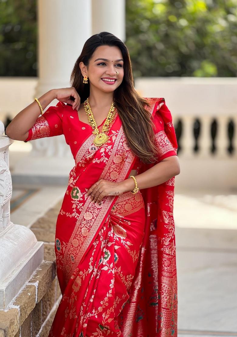 Red Zari Woven Silk Saree Set - Indya