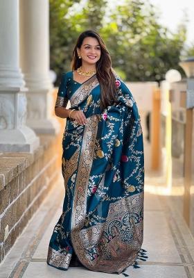 Teal Zari Woven Silk Saree Set