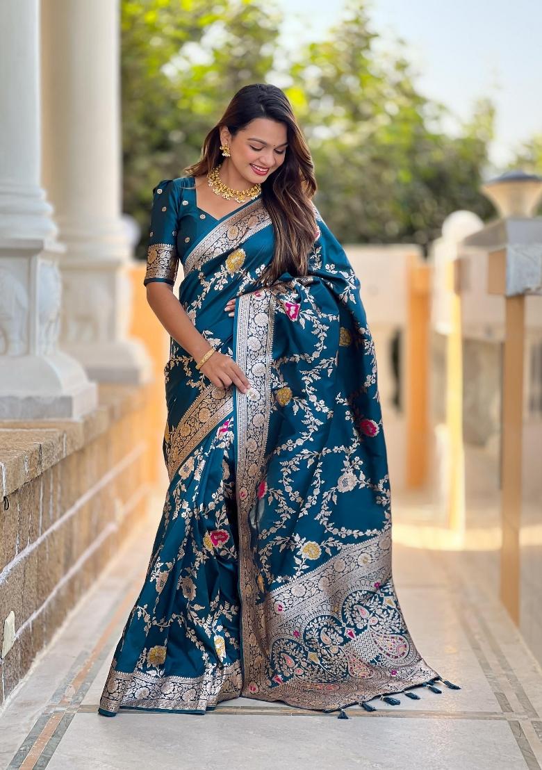 Teal Zari Woven Silk Saree Set - Indya