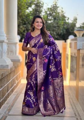 Wine Zari Woven Silk Saree Set