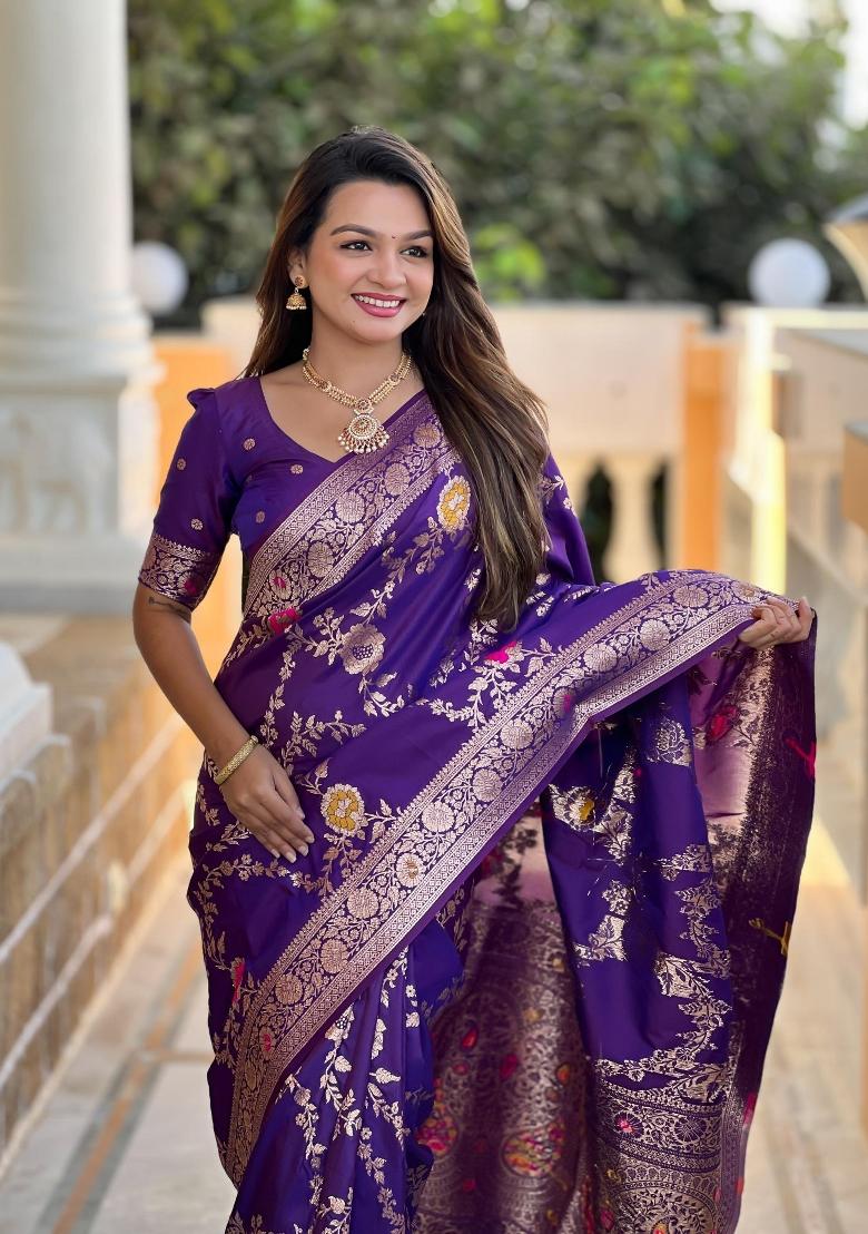 Wine Zari Woven Silk Saree Set - Indya