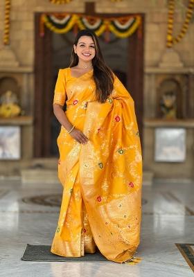 Yellow Zari Woven Silk Saree Set