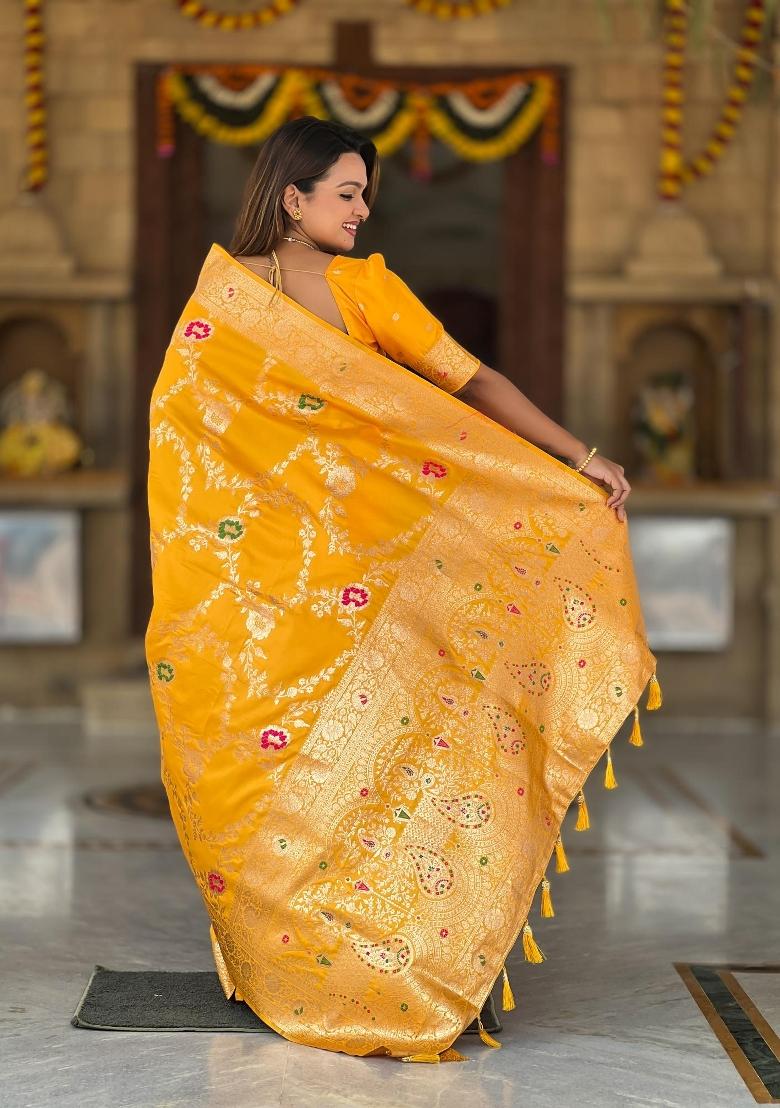Yellow Zari Woven Silk Saree Set - Indya