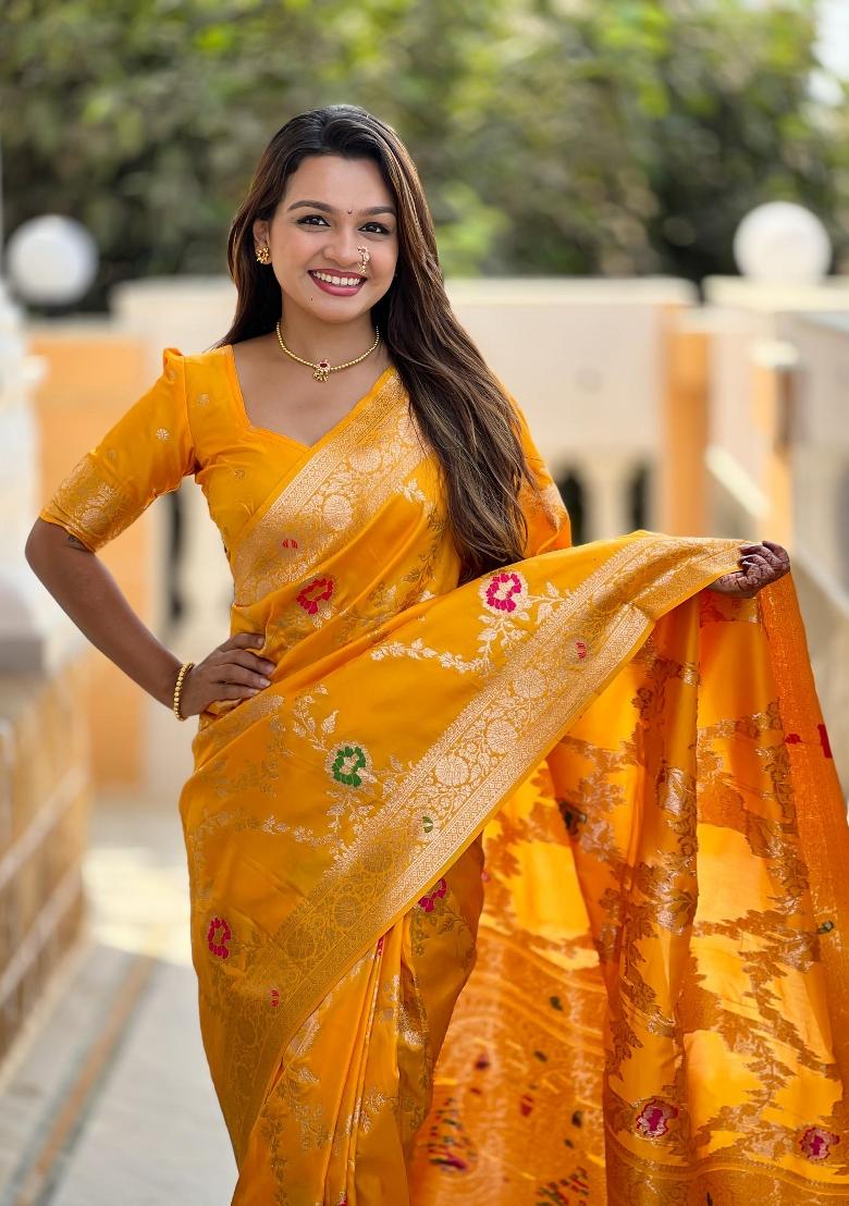 Yellow Zari Woven Silk Saree Set - Indya