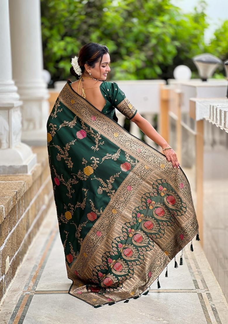 Green Zari Woven Silk Saree Set - Indya