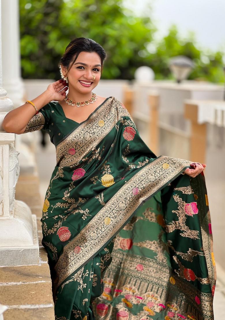 Green Zari Woven Silk Saree Set - Indya