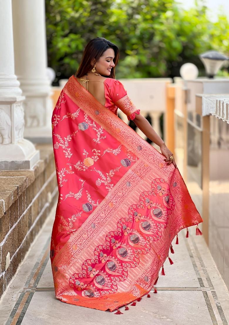 Pink Zari Woven Silk Saree Set - Indya