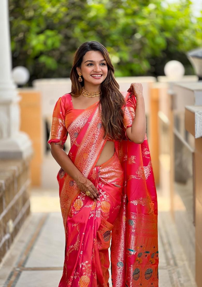 Pink Zari Woven Silk Saree Set - Indya