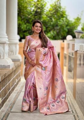 Lavender Zari Woven Silk Saree Set