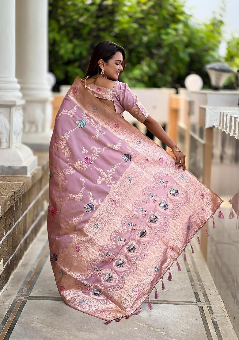 Lavender Zari Woven Silk Saree Set - Indya
