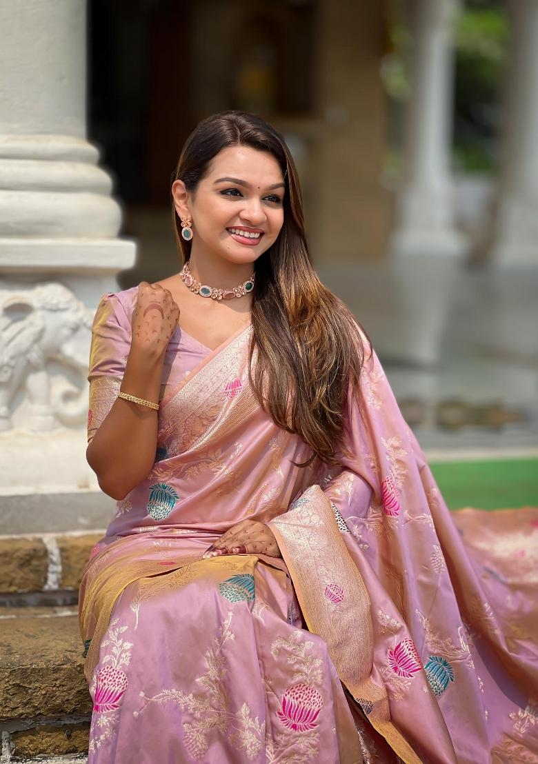 Lavender Zari Woven Silk Saree Set - Indya