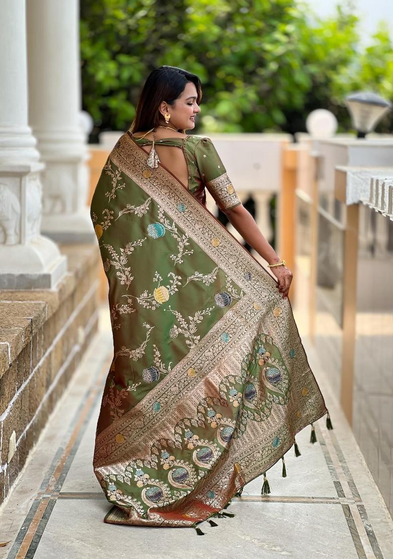 Mehendi Zari Woven Silk Saree Set - Indya