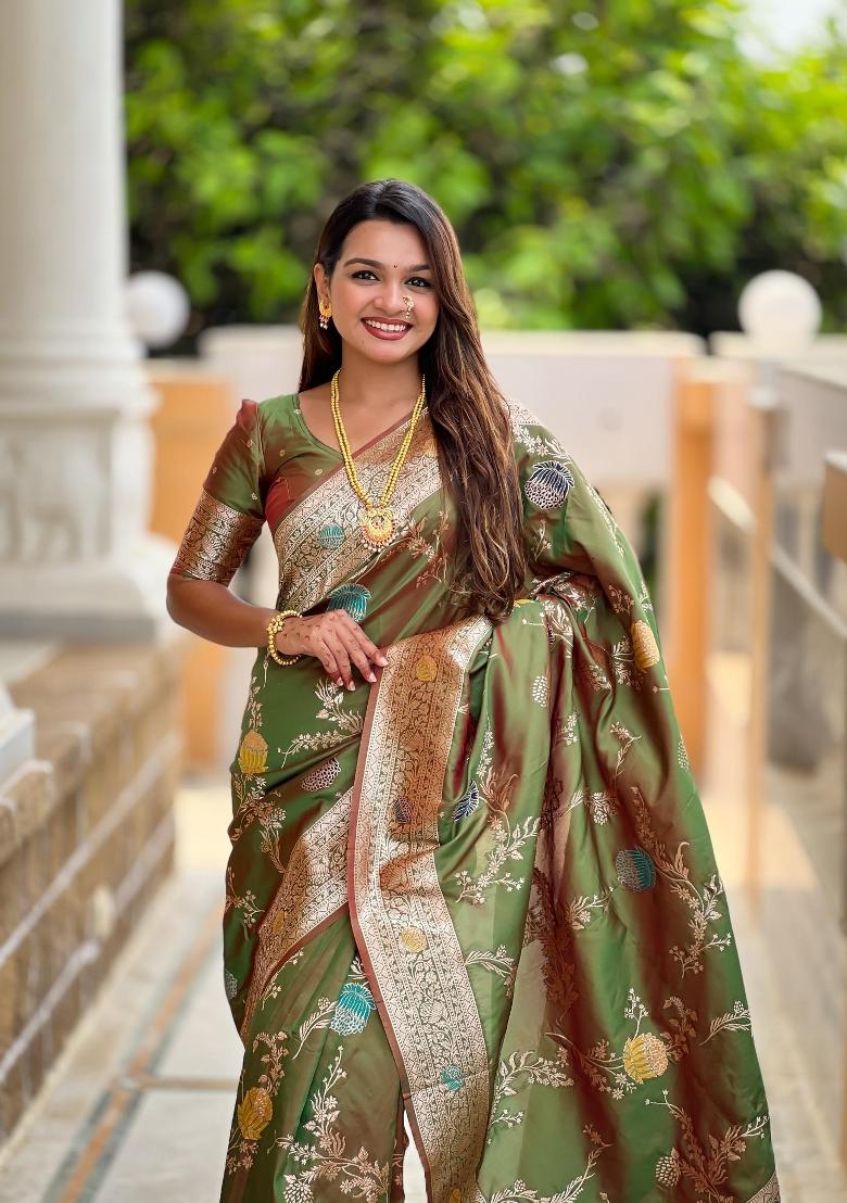 Mehendi Zari Woven Silk Saree Set - Indya