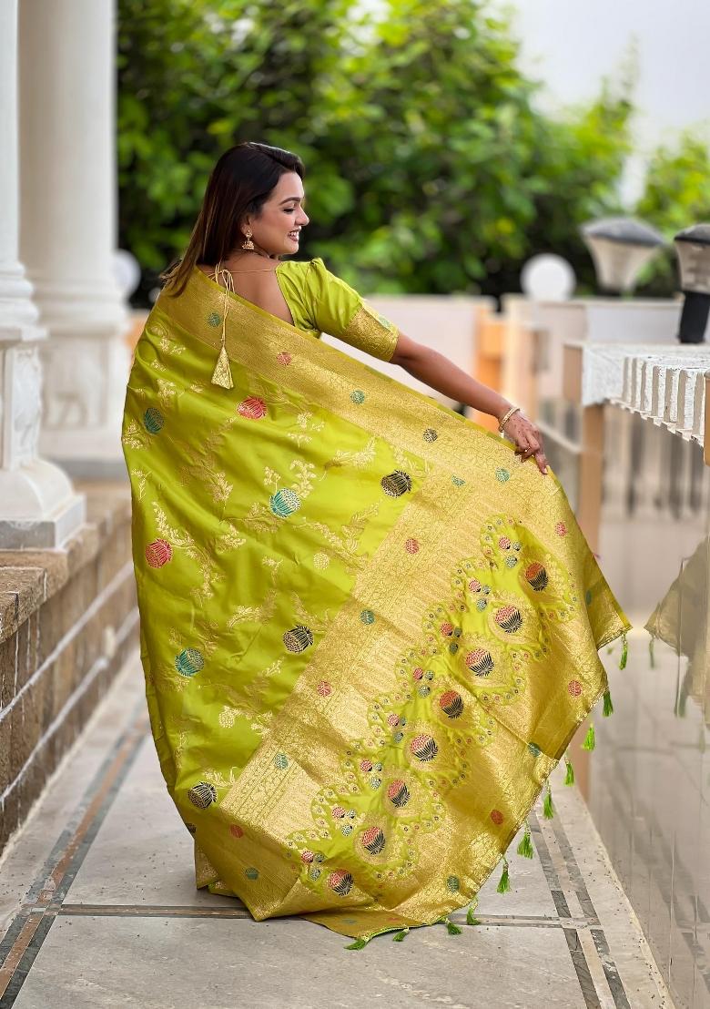 Green Zari Woven Silk Saree Set - Indya