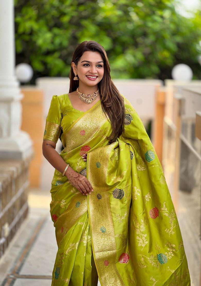Green Zari Woven Silk Saree Set - Indya