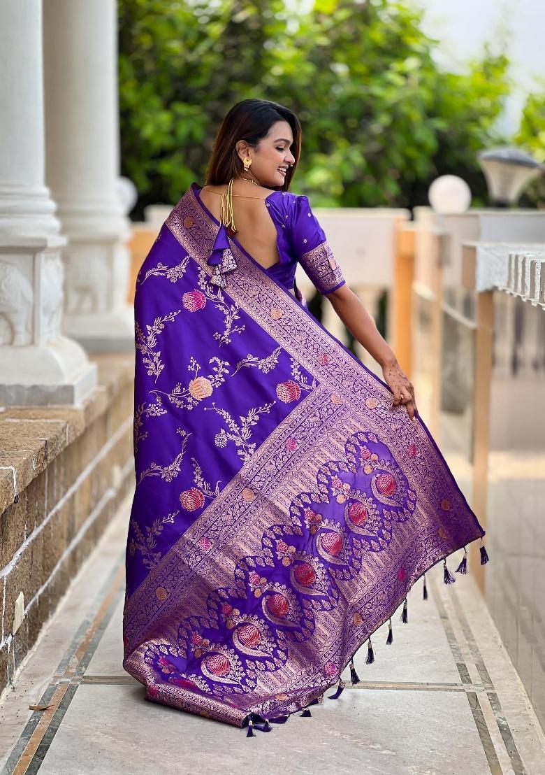 Purple Zari Woven Silk Saree Set - Indya