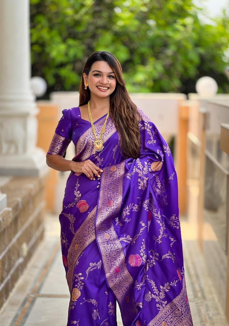 Purple Zari Woven Silk Saree Set - Indya