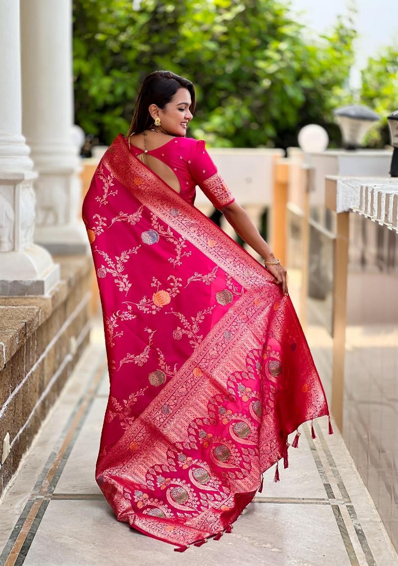 Pink Zari Woven Silk Saree Set - Indya