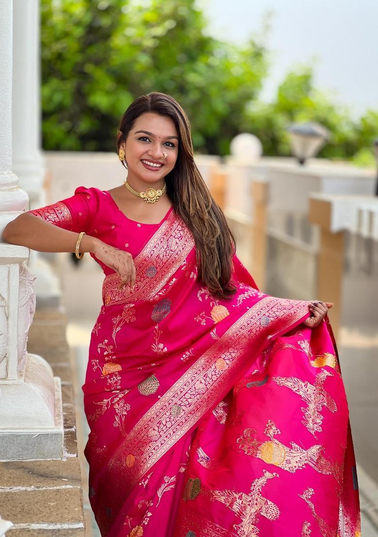 Pink Zari Woven Silk Saree Set - Indya