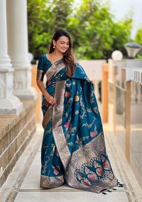 Teal Zari Woven Silk Saree Set
