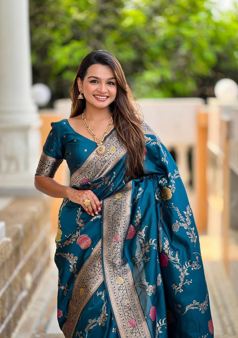 Teal Zari Woven Silk Saree Set - Indya
