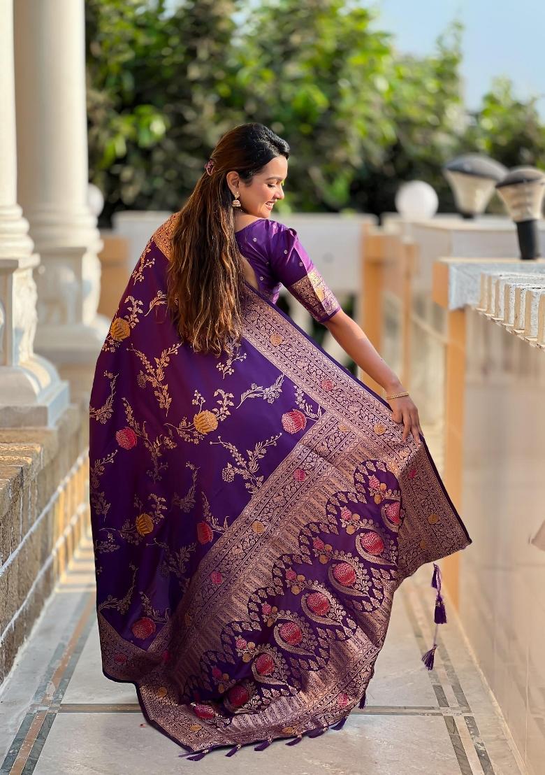 Wine Zari Woven Silk Saree Set - Indya