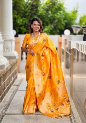 Yellow Zari Woven Silk Saree Set