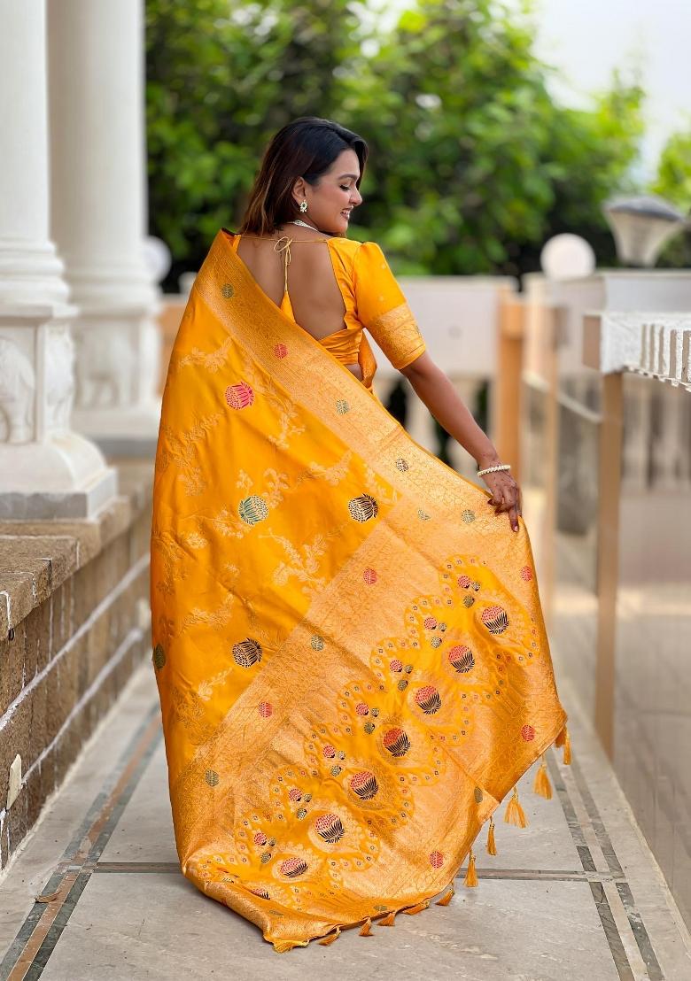 Yellow Zari Woven Silk Saree Set - Indya