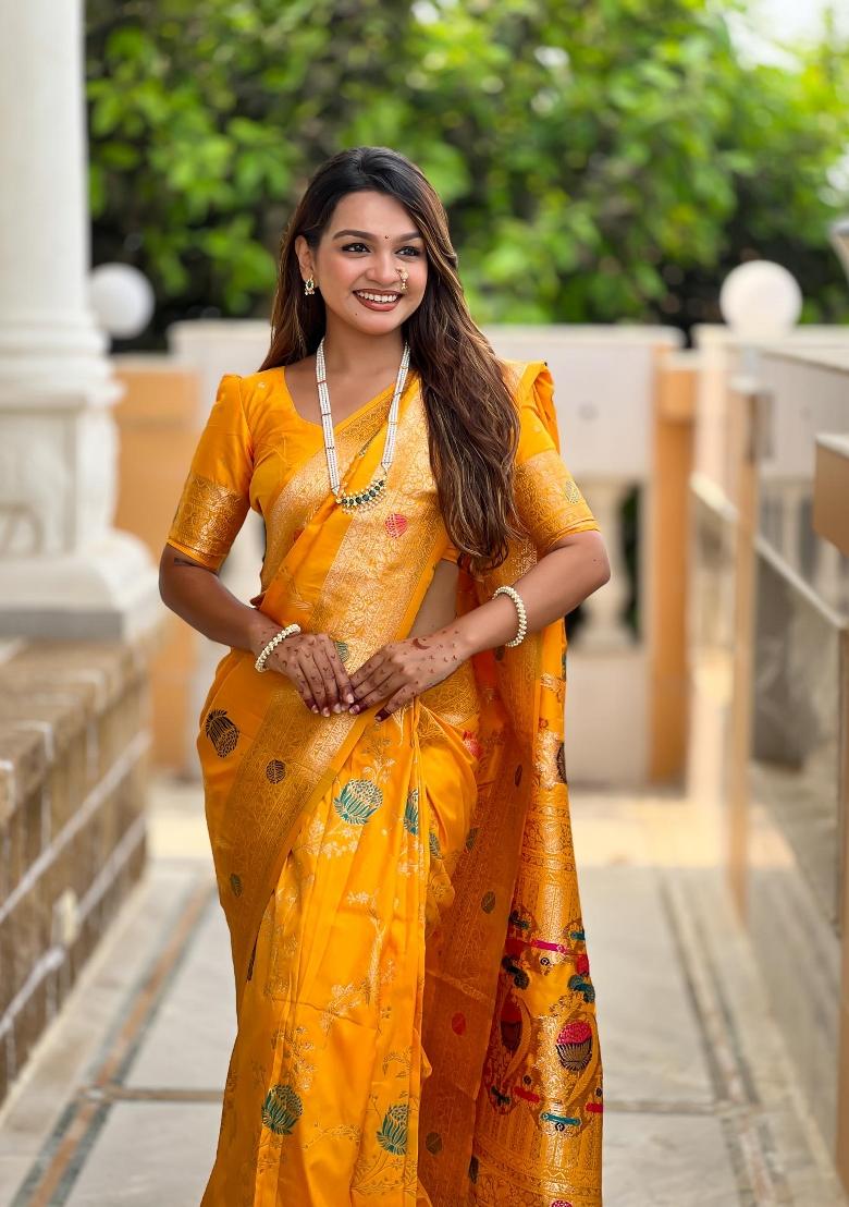 Yellow Zari Woven Silk Saree Set - Indya