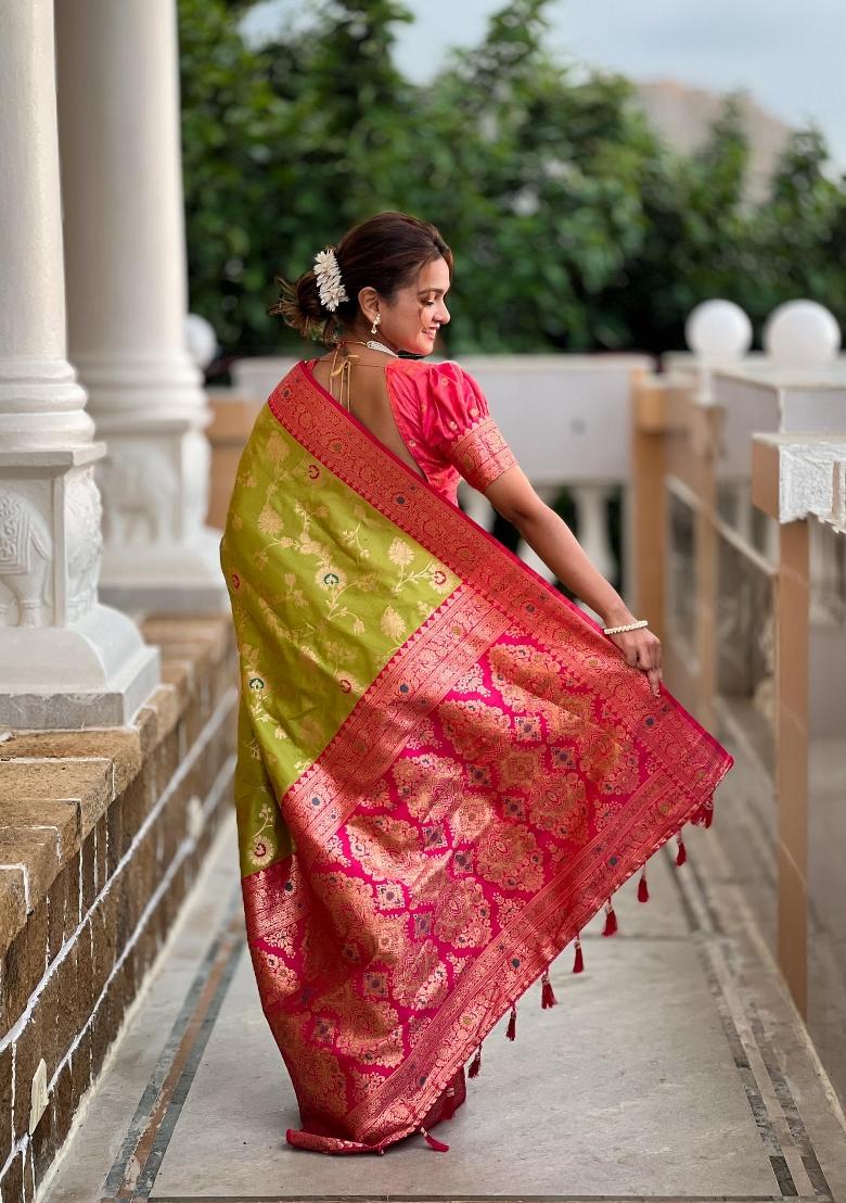 Green Zari Woven Silk Saree Set - Indya