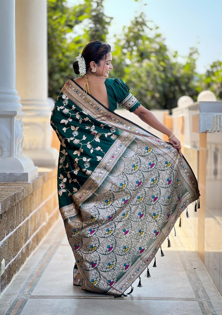 Green Zari Woven Silk Saree Set - Indya
