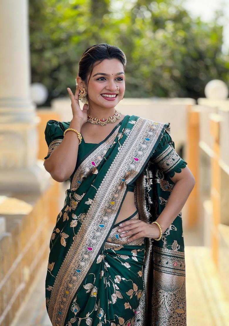 Green Zari Woven Silk Saree Set - Indya
