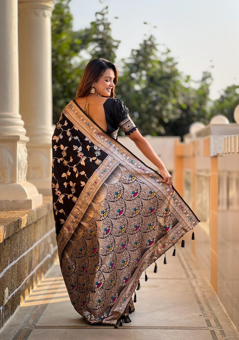 Black Zari Woven Silk Saree Set - Indya