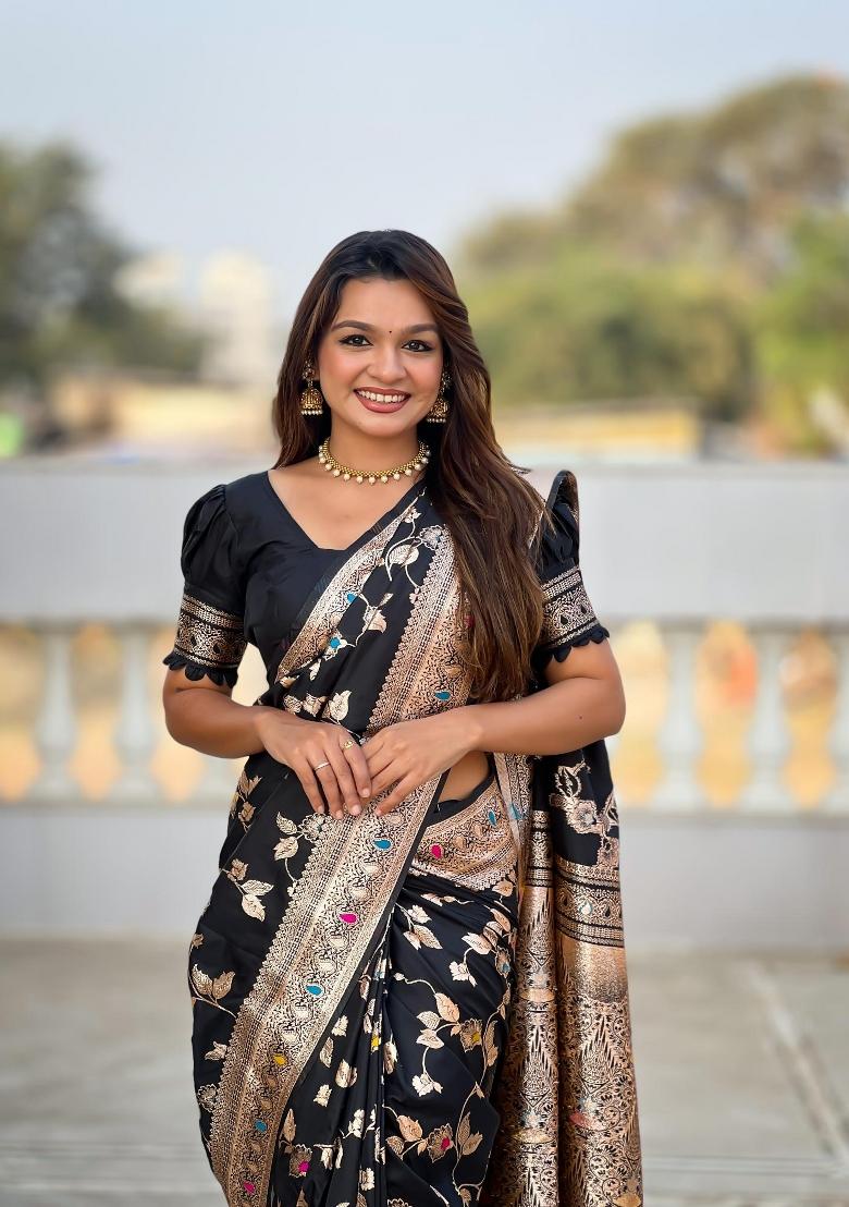 Black Zari Woven Silk Saree Set - Indya