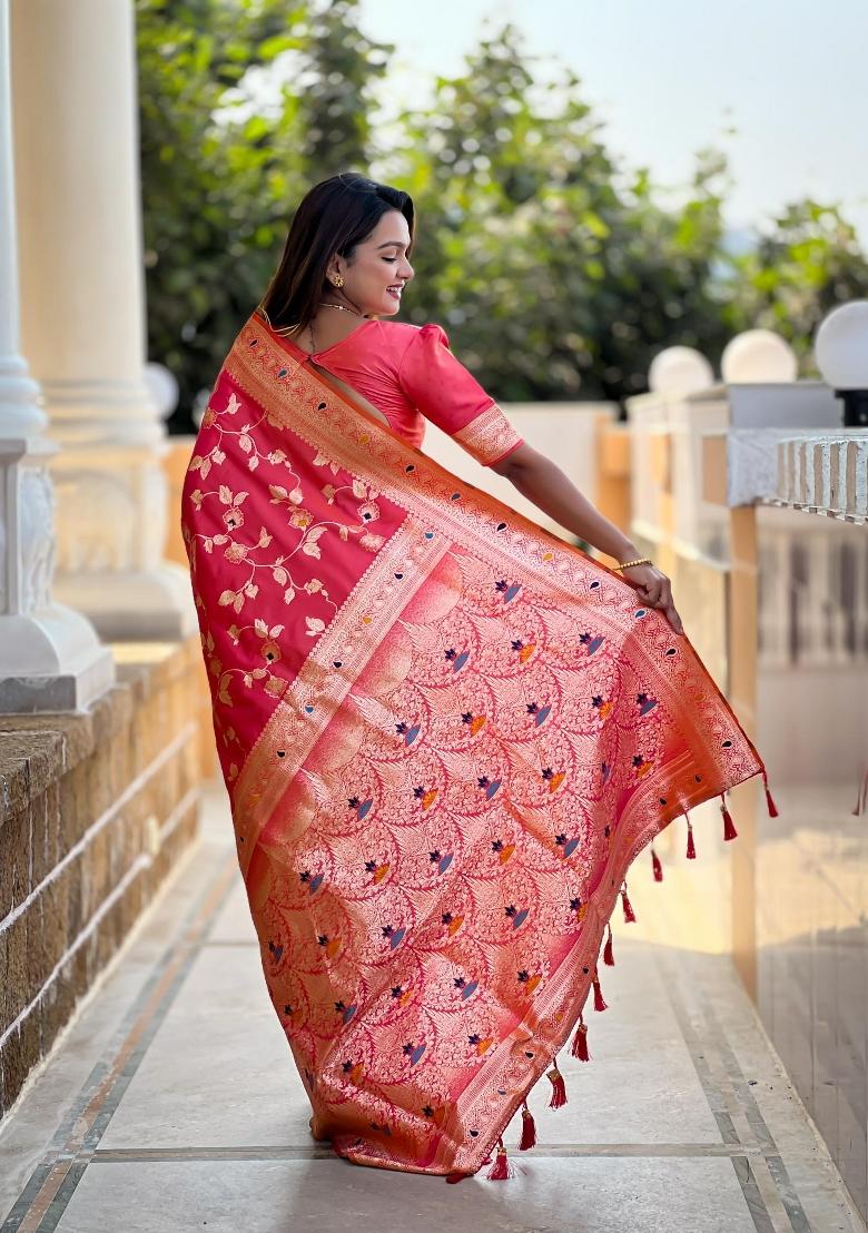 Pink Zari Woven Silk Saree Set - Indya
