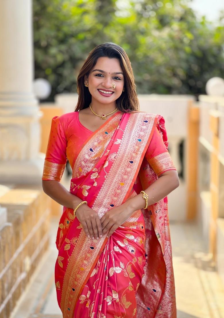 Pink Zari Woven Silk Saree Set - Indya