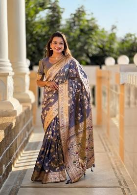 Grey Zari Woven Silk Saree Set