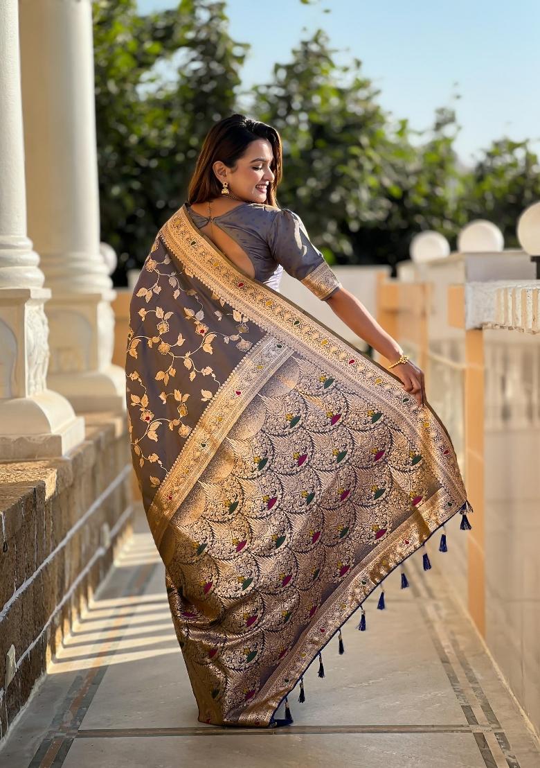 Grey Zari Woven Silk Saree Set - Indya