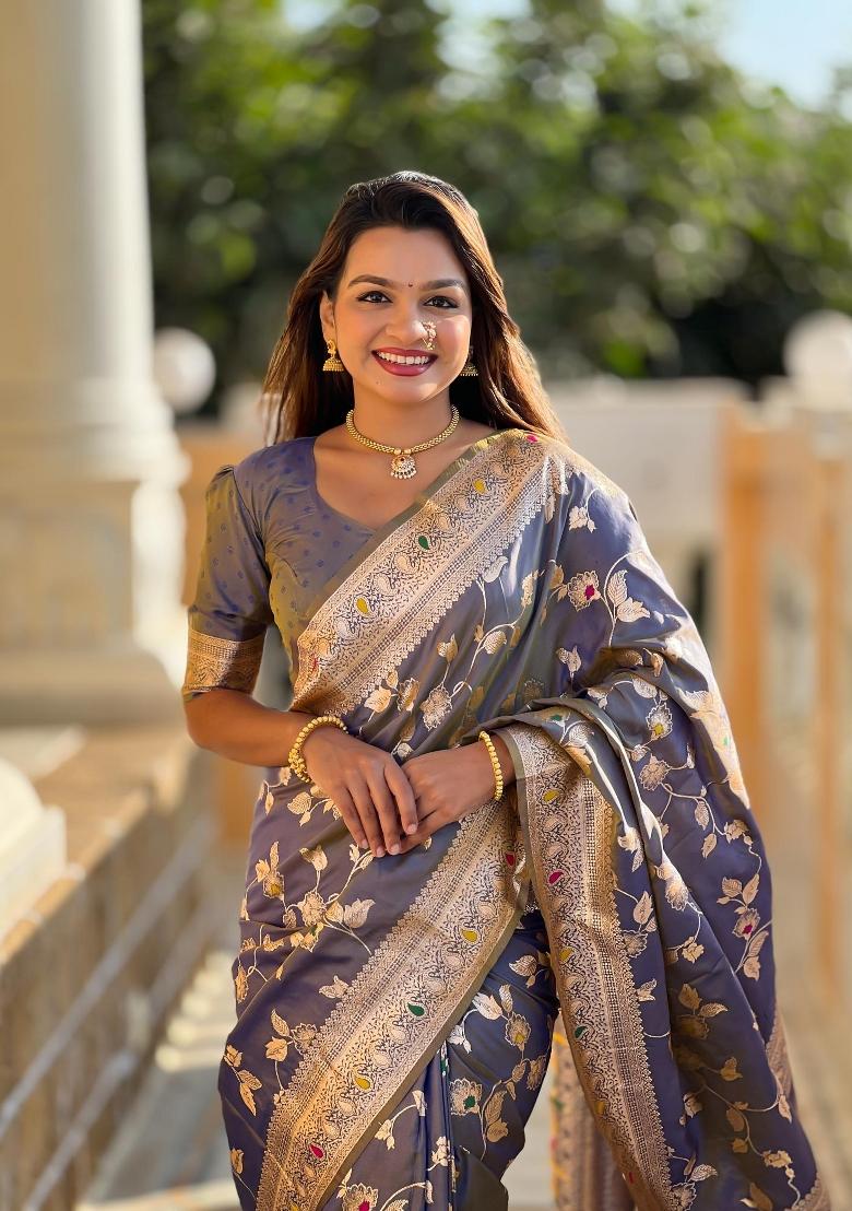 Grey Zari Woven Silk Saree Set - Indya