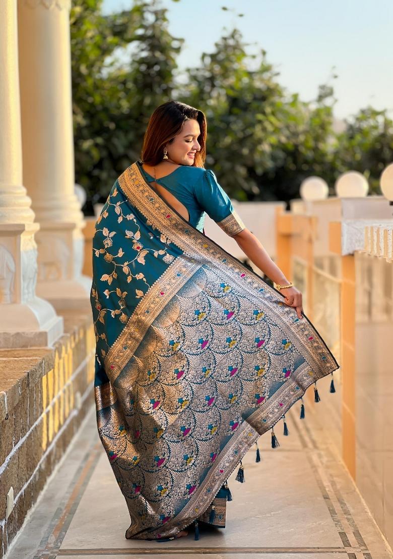 Turquoise Zari Woven Silk Saree Set - Indya