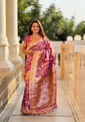 Onion Pink Zari Woven Silk Saree Set