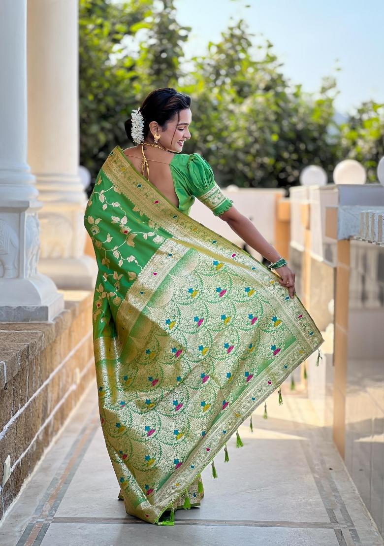 Green Zari Woven Silk Saree Set - Indya