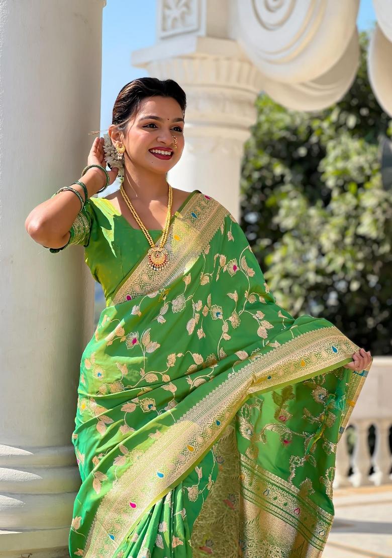 Green Zari Woven Silk Saree Set - Indya