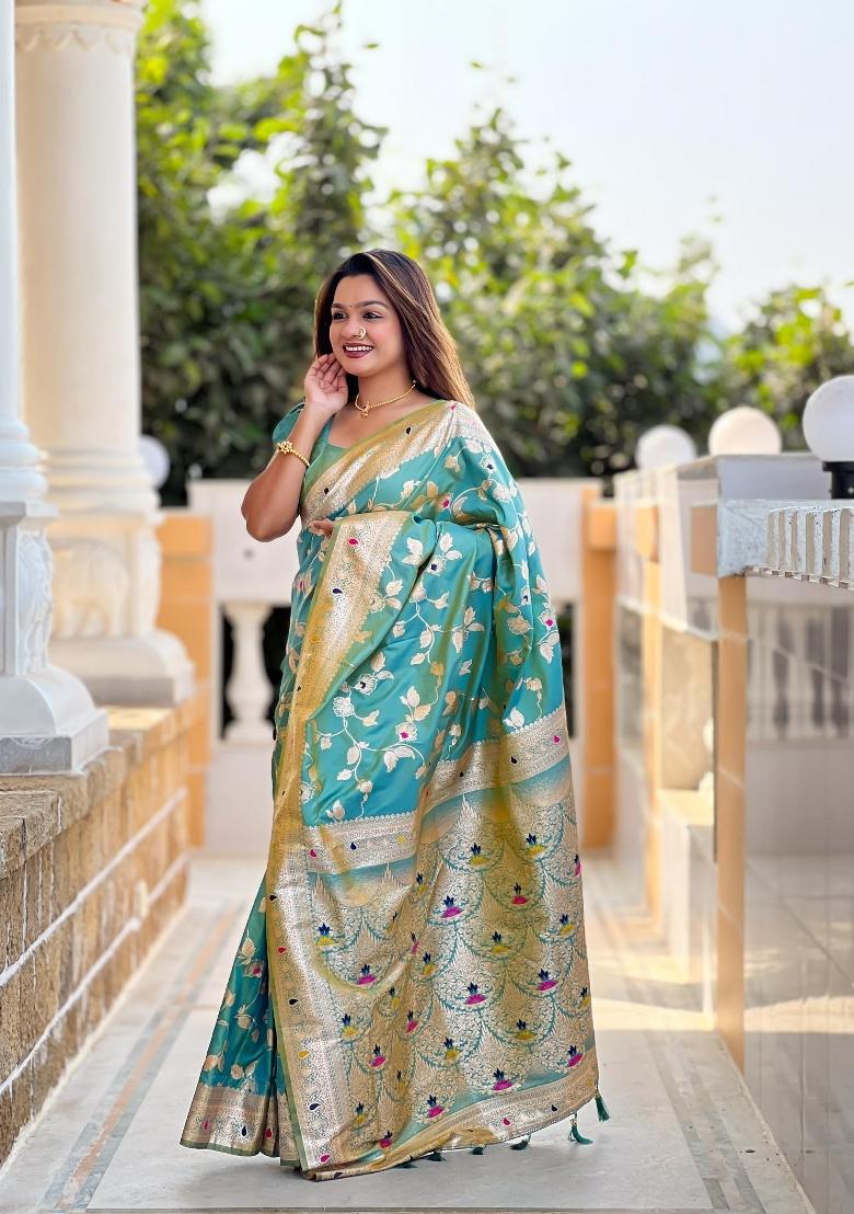 Green Zari Woven Silk Saree Set - Indya