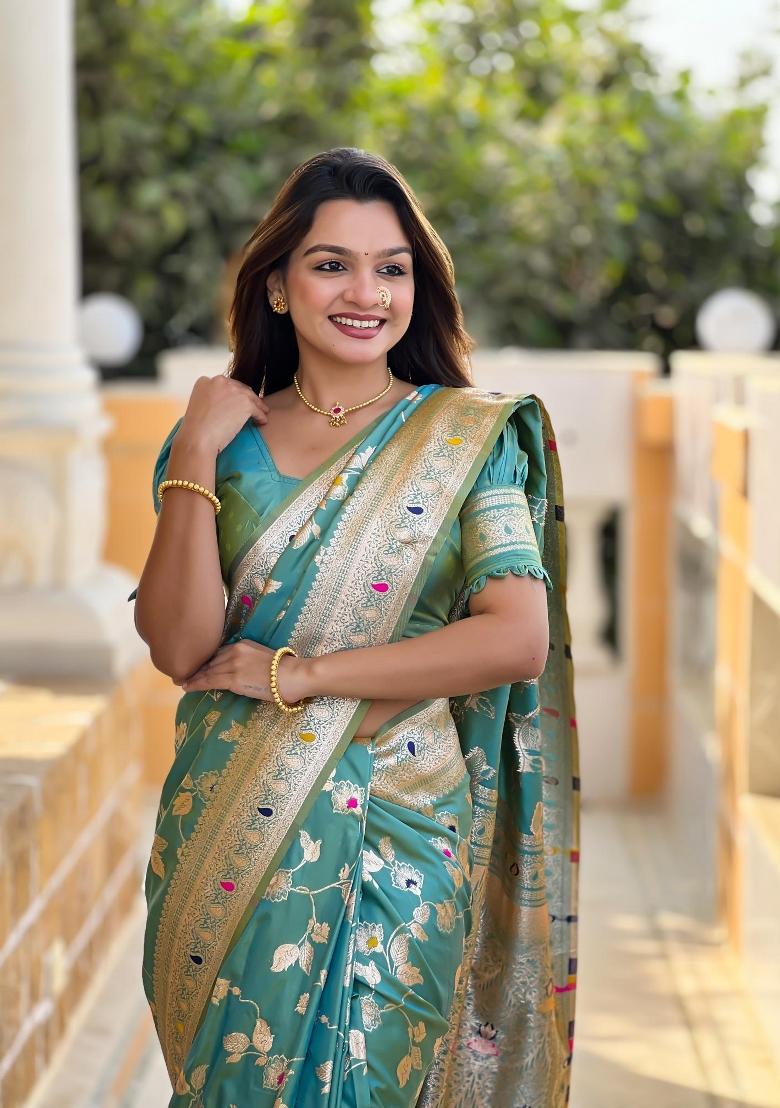 Green Zari Woven Silk Saree Set - Indya